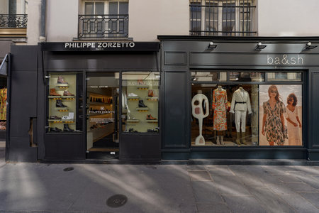 fashion shop in the city center of paris, france. Vintage storefront ,typical french boutique facadeのeditorial素材