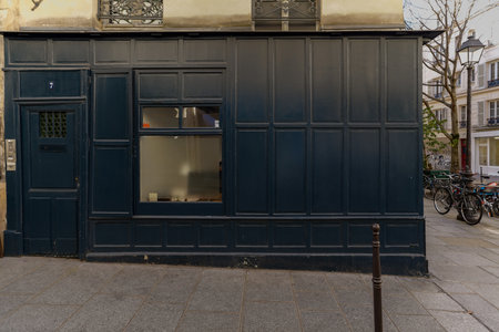 Blue door of old shop in city centerの写真素材