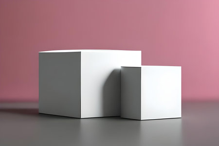 3d render of blank white box on gray floor with pink backgroundの素材