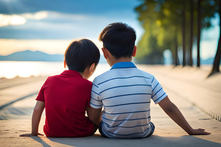 Two boys sitting on the ground and looking at the sunset sky.の素材