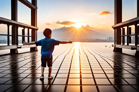 Back view of little boy standing on the terrace with sunset sky backgroundの素材