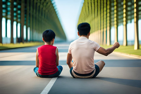 Back view of Asian father and son sitting on the bridge in the eveningの素材