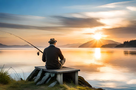 Fisherman sitting on a bench and fishing on a lake at sunsetの素材