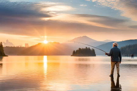 Senior man fishing on a lake at sunset. Concept of active lifestyleの素材