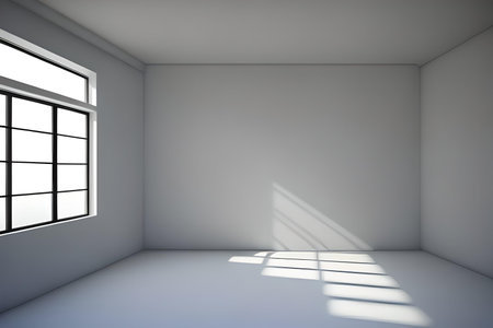 White empty room with window and sunlight. 3d render. Mock-upの素材