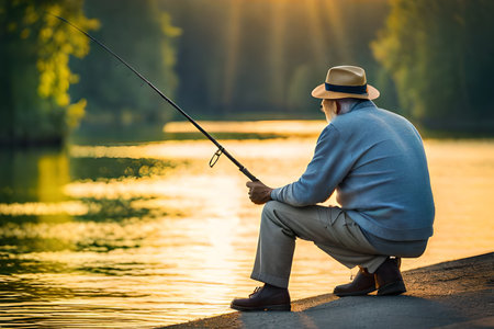 Elderly man fishing on the lake at sunset. Withdrawal conceptの素材