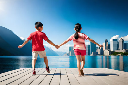 couple of asian kids walking on wooden pier and holding hands with cityscape backgroundの素材