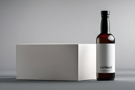Wine bottle mockup with blank box on gray background. 3d renderingの素材