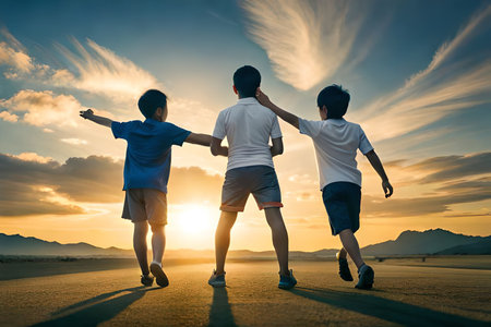 Silhouette of asian kids running on sunset backgroundの素材