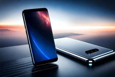Smartphone and mobile phone on the table with blue sky background.の素材