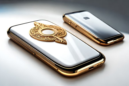 Smartphone with gold ornament on the screen. 3d illustration.の素材