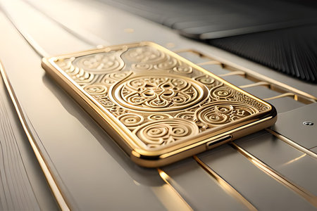 Golden mobile phone on a gold background. 3d render illustration.の素材