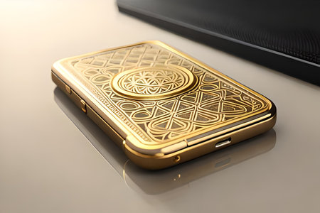 Gold Smartphone with Laptop on the table. 3d renderingの素材