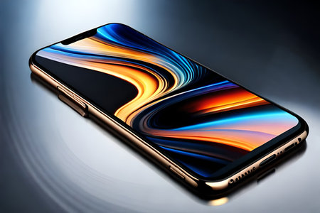 Smartphone with colorful screen on a dark background. 3d renderingの素材