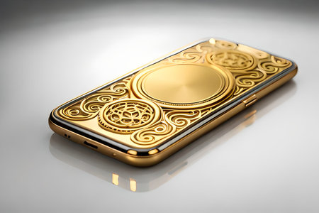 Smartphone with gold pattern , arabic ornaments on the golden background. 3D illustration. Luxury smartphone template ,Golden mobile phone on a gold background. 3d template.の素材