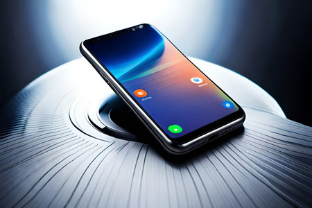 Smartphone on the table close-up. 3D rendering.の素材