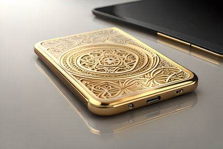 Smartphone with gold pattern , arabic ornaments on the golden background. 3D illustration. Luxury smartphone template ,Golden mobile phone on a gold background. 3d template.の素材