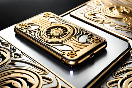 Smartphone with gold pattern , arabic ornaments on the golden background. 3D illustration. Luxury smartphone template ,Golden mobile phone on a gold background. 3d template.の素材