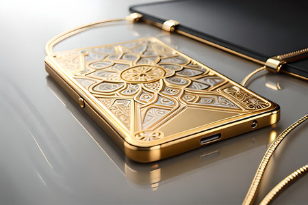 Smartphone with gold pattern , arabic ornaments on the golden background. 3D illustration. Luxury smartphone template ,Golden mobile phone on a gold background. 3d template.の素材