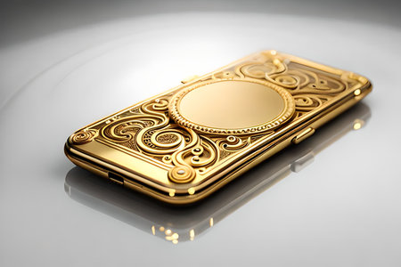 Smartphone with gold pattern , arabic ornaments on the golden background. 3D illustration. Luxury smartphone template ,Golden mobile phone on a gold background. 3d..の素材