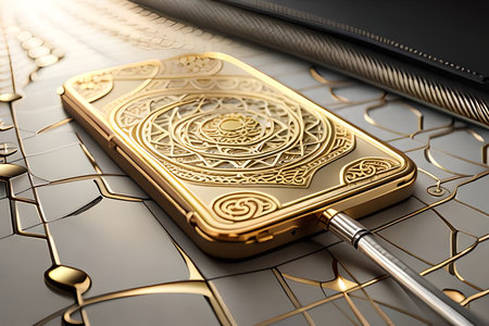 Smartphone with gold pattern , arabic ornaments on the golden background. 3D illustration. Luxury smartphone template ,Golden mobile phone on a gold background. 3d template.の素材
