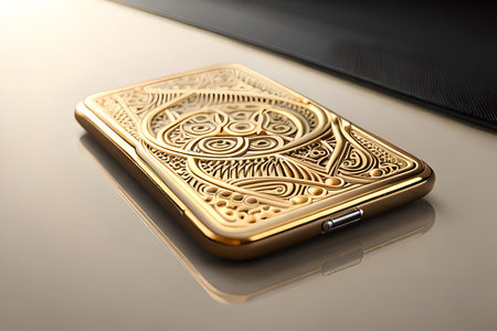Smartphone with gold pattern , arabic ornaments on the golden background. 3D illustration. Luxury smartphone template ,Golden mobile phone on a gold background. 3d template.の素材