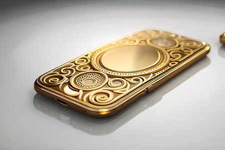 Smartphone with gold pattern , arabic ornaments on the golden background. 3D illustration. Luxury smartphone template ,Golden mobile phone on a gold background. 3d template.の素材