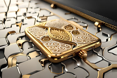 Smartphone with gold pattern , arabic ornaments on the golden background. 3D illustration. Luxury smartphone template ,Golden mobile phone on a gold background. 3d template.の素材
