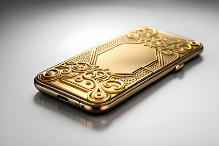 Smartphone with gold pattern , arabic ornaments on the golden background. 3D illustration. Luxury smartphone template ,Golden mobile phone on a gold background. 3d template.の素材