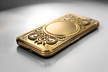 Smartphone with gold pattern , arabic ornaments on the golden background. 3D illustration. Luxury smartphone template ,Golden mobile phone on a gold background. 3d template.の素材