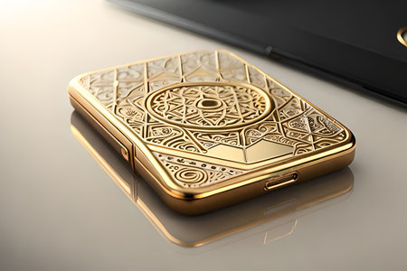 Smartphone with gold pattern , arabic ornaments on the golden background. 3D illustration. Luxury smartphone template ,Golden mobile phone on a gold background. 3d template.の素材
