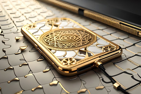 Smartphone with gold pattern , arabic ornaments on the golden background. 3D illustration. Luxury smartphone template ,Golden mobile phone on a gold background. 3d template.の素材