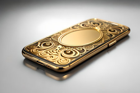 Smartphone with gold pattern , arabic ornaments on the golden background. 3D illustration. Luxury smartphone template ,Golden mobile phone on a gold background. 3d template.の素材
