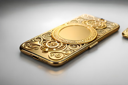 Smartphone with gold pattern , arabic ornaments on the golden background. 3D illustration. Luxury smartphone template ,Golden mobile phone on a gold background. 3d template.の素材