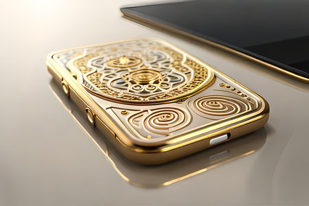 Smartphone with gold pattern , arabic ornaments on the golden background. 3D illustration. Luxury smartphone template ,Golden mobile phone on a gold background. 3d template.の素材