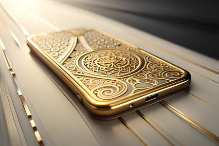 Smartphone with gold pattern , arabic ornaments on the golden background. 3D illustration. Luxury smartphone template ,Golden mobile phone on a gold background. 3d template.の素材