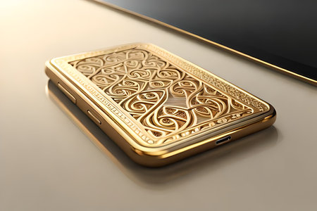 Smartphone with gold pattern , arabic ornaments on the golden background. 3D illustration. Luxury smartphone template ,Golden mobile phone on a gold background. 3d template.の素材