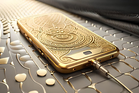 Golden mobile phone on a gold background. 3d render illustration.の素材