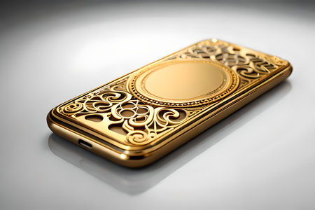 Smartphone with gold pattern , arabic ornaments on the golden background. 3D illustration. Luxury smartphone template ,Golden mobile phone on a gold background. 3d template.の素材
