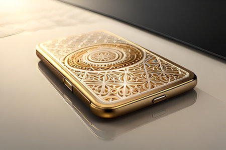 Smartphone with gold pattern , arabic ornaments on the golden background. 3D illustration. Luxury smartphone template ,Golden mobile phone on a gold background. 3d template.の素材