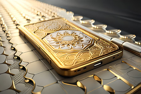 Smartphone with gold pattern , arabic ornaments on the golden background. 3D illustration. Luxury smartphone template ,Golden mobile phone on a gold background. 3d template.の素材