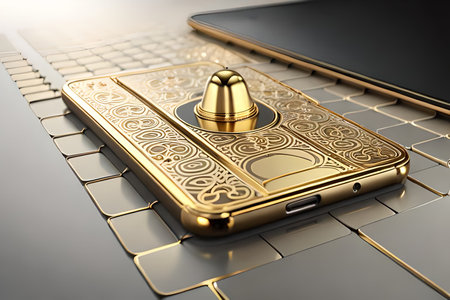 Smartphone with gold pattern , arabic ornaments on the golden background. 3D illustration. Luxury smartphone template ,Golden mobile phone on a gold background. 3d template.の素材