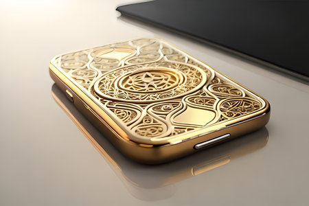 Smartphone with gold pattern , arabic ornaments on the golden background. 3D illustration. Luxury smartphone template ,Golden mobile phone on a gold background. 3d template.の素材