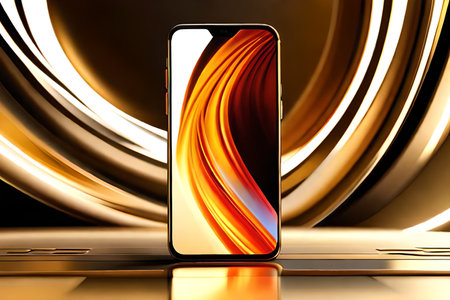 Smartphone on golden background. 3d illustration. Mobile phone.の素材