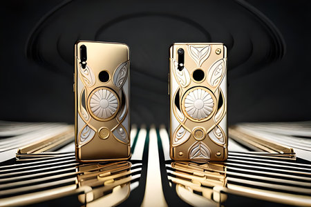 3d illustration of golden and silver mobile phones on a black backgroundの素材