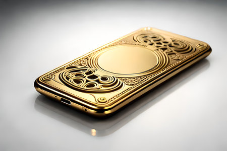 Smartphone with gold pattern , arabic ornaments on the golden background. 3D illustration. Luxury smartphone template ,Golden mobile phone on a gold background. 3d template.の素材