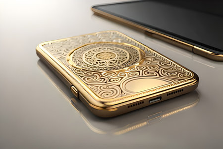Smartphone with gold pattern , arabic ornaments on the golden background. 3D illustration. Luxury smartphone template ,Golden mobile phone on a gold background. 3d template.の素材