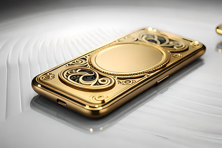 Smartphone with gold pattern , arabic ornaments on the golden background. 3D illustration. Luxury smartphone template ,Golden mobile phone on a gold background. 3d template.の素材