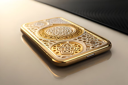 Smartphone with gold pattern , arabic ornaments on the golden background. 3D illustration. Luxury smartphone template ,Golden mobile phone on a gold background. 3d template.の素材