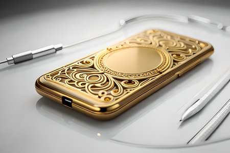 Smartphone with gold pattern , arabic ornaments on the golden background. 3D illustration. Luxury smartphone template ,Golden mobile phone on a gold background. 3d template.の素材